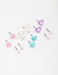 Kids Silver Easter Bunny & Heart Stud Earring 6-PACK