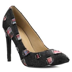 Women Fashion Pointed Toe Stiletto Pumps High Heel Black Denim 7.5 Us