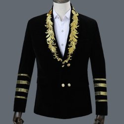 Men Single Button Gold Embroidery Gentleman England Style Casual Slim Fit Suits