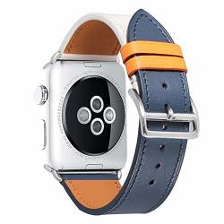 Aishirui Swift Leather Single Tour Strap Compatible With Apple Watch Band 38MM 40MM Iwatch Series 4 3 2 1 Genuine French Calfskin Indigo craie orange