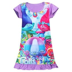 Kidhf Trolls Comfy Loose Fit Pajamas Girls Printed Princess Dress Purple 120 6-7Y