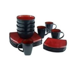 16 Pieces Square Ceramic Dinner Set - Red And Black