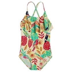 Little Girls Stripe Floral Swimwear Cross Back One Piece Swimsuit Bathing Suit 6-7 Years Yellow Bird Leaf