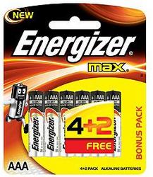 Energizer MAX Alkaline E92BP6 1.5V Card 4+2 Free Battery