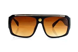 ULTIMATE Fbl Hip Hop Gold Emblem Flat Top Bold Frame Sunglasses A075 Black Brown