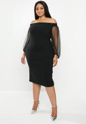 MILLA Bardot Midi Bodycon Dress With Tulle Sleeve Balloon Sleeve - Black