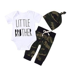 3PCS Baby Boys Little Brother Camouflage Romper Tops+pants Leggings+ Hat Outfits Set 12-18M TAG90 White&camouflage