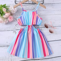 Girls Striped Thin Strap Cut Out Dress For Spring Or Summer