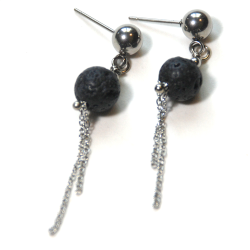 Atenea Handmade Black Lava Rock Earrings With Fine Chain & Stainless Steel Studs