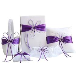 5PCS Sets Wedding Flower Girl Basket Guest Book Pen With Ring Pillow And Garter Purple