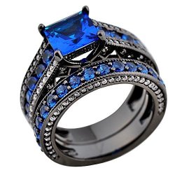 Rongxing Jewelry Womens Four Claws Blue Square Blue And White Birthday Stone Double Wedding Rings Sets Size 11