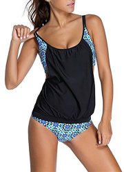 Evaless Womens Casual Strips Sporty Double Up Tankini Top Swimsuit Set X-large Size Black&blue