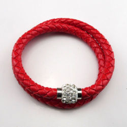 Bracelets - Leather Wrap - Double - Bright Red Wristband With Clear Rhinestone Magnetic Clasp
