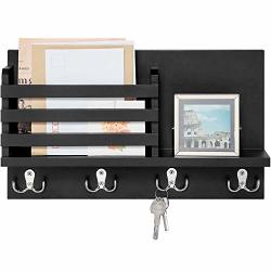 Dahey Wall Mounted Mail Holder Wooden Mail Sorter Organizer With 4 Double Key Hooks And A Floating Shelf Rustic Home Decor For Entryway Or Mudroom Black