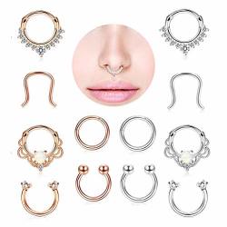 Finrezio 12PCS 316L Stainless Steel Septum Piercing Nose Rings Hoop Cartilage Tragus Retainer Body Piercing Jewelry 8MM 16G Rose-gold Tone & Silver Tone