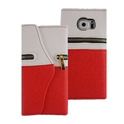 Tcd For Samsung Galaxy S6 Edge Only Elegant Zipper Case Pu Leather Wallet Red White Plastic Shell With Pu Leather Outside Includes Free Screen