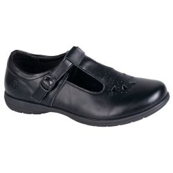 Crown Girls T-strap Black Action Leather School Shoes