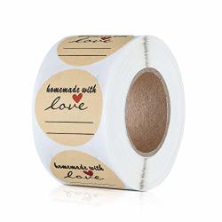 1.5" Round Kraft Homemade With Love Sticker With Lines For Writing Black Font And Red Heart Canning Labels 500 Labels Per Roll
