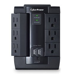 Cyberpower CSP600WSU Surge Protector 1200J 125V 6 Swivel Outlets 2 USB Charging Ports Wall Tap Design Black