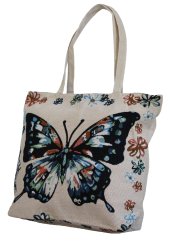 Fino Cotton Canvas Butterfly Beach Bag - Beige