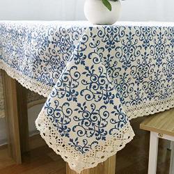 Omyu Linen Cotton Dust-proof Tablecloth Lace Edge For Home Outdoor Hotel Wedding Party Banquet Blue White Classical Porcelain Ornament 60X60 Cm