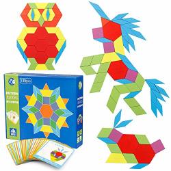Coogam 130 Pcs Wooden Pattern Blocks Set Geometric Manipulative Shape Puzzle Graphical Early Educational Montessori Tangram Toys Brain Teasers Stem Gift For Kids With