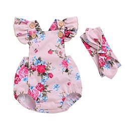 BABY Girls' Full Flower Print Floral Ruffle Cross Back Romper Bodysuit With Headband 3-6M Color 4