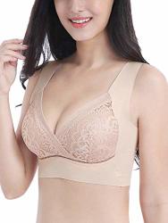 Intimate Portal Gemma Lace Bra Plunge Style Wire Free Padded Bra Back Smoothing Soft Cup Bra Beige 42A 42B 5L