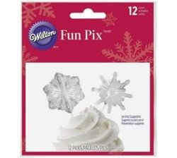 Wilton 12PK Silver White Snowflake Fun Pix Foil Cupcake Icing Decoration Toppers
