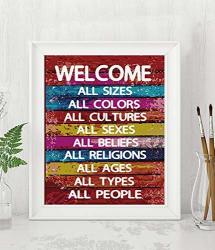 Welcome- All Types Of People"- Rustic Abstract Wall Art- 8 X 10" Wall Print- Ready To Frame. Distressed Colored Wood Replica Print. Wall Decor