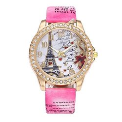 Bcdshop Womens Wrist Watch Vintage Paris Eiffel Tower Leather Band Crystal Quartz Dial Watch Hot Pink Stainless Steel