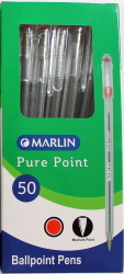 Marlin Pure Point Transparent Barrel Pen Red Ink Box Of 50- Smooth Writing Long Lasting Medium Ballpoint Pen Includes Lid For Drying Protection And