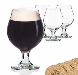 Libbey Beer Glass Belgian Style Stemmed Tulip - 13 Oz Lambic Beer Glasses - Set Of 4 W coasters