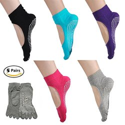 5 Pairs Toe Yoga Pilates Socks Non Slip Skid Barre Sock With Grips For Women & Men