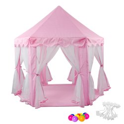 Kids Playing Castle Tent Playhouse With LED Light String - Pink