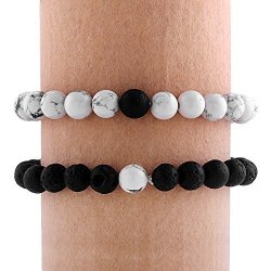 Yeyulin 2PCS Couple Bracelet Black Lava Stone Gemstone& White Howlite Beads His And Hers Braclet Gift