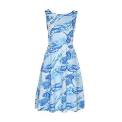 Swing Dresses Han Shi Women Sleeveless O Neck Print Retro Party 1950S Vintage Prom Gown XXL Blue