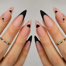 24PCS Press-on Almond-shaped False Nails Black French Tip With Pink Base And Golden Line Heart Design Full Cover Acrylic Nail Kit For Women