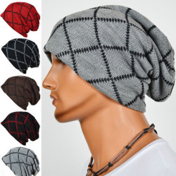 Men Male Knitted Slouch Beanie Hat Grid Twill Square Double Layer Elastic Outdoor Cap