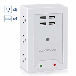 Multi Outlet Wall Adapter Auoplus Power Strip With 6 Ac Outlets And 4 USB Ports 5V 3.1A - Mountable Grounded Surge Protector Portable Outlet Extender For Tv