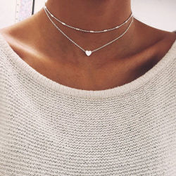 Fashion Heart Pendant Necklace Double Layers Chain Choker