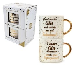 Gin Tribe Set Of 2 Stacking Mugs With Gin Related Phrases And Gold Spotted Designcomes In A Fabulous
