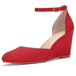 Allegra K Women's Rounded Toe Buckled Ankle Strap Wedge Pumps Size Us 5.5 Red