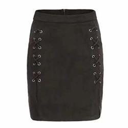 Clmbyrnm Women's Faux Suede High Waist Lace Up Bodycon Faux Suede A Line MINI Pencil Skirt Black