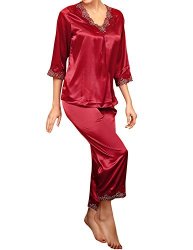 Lapaya Women's Satin Pajama Sets 3 4 Sleeve V Neck Lace Trim Two Piece Sleepwear Wine Red Tag Size Xl=us Size M
