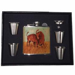 Sunshine Cases Battle Of The Baby Bulls Buffalo Calves Art By Denise Every Leather Wrapped Liquor Pocket Hip Flask Gift Box Set With Stainless