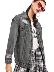 Floerns Women's Ripped Distressed Casual Long Sleeve Denim Jacket Grey S