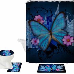 Hugs Idea Blue Butterfly 16 Piece Bathroom Mat Set Shower Curtain Sets Non Slip Soft Bath Mat + Contour Mat + Toilet Cover + Shower Curtain + 12 Hooks