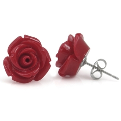 Red Plastic Rose Shaped Earrings With Stainless Steel Pin