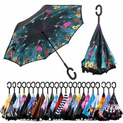 Owen Kyne Windproof Double Layer Folding Inverted Umbrella Self Stand Upside-down Rain Protection Car Reverse Umbrellas With C-shaped Handle Flamingo Green